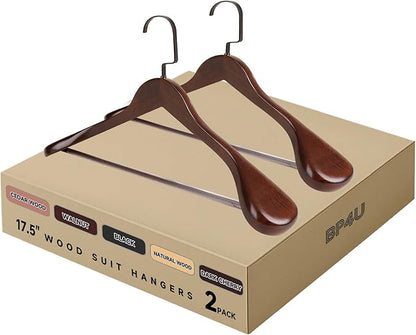 17.5" Wooden Suit Hangers with Non Slip Pants Bar, 2-Pack Wood Extra-Wide Shoulder Hangers with Flat-Head Hook for Suits, Coats, Jackets, Shirts, Pants, Heavy Clothes (Walnut)