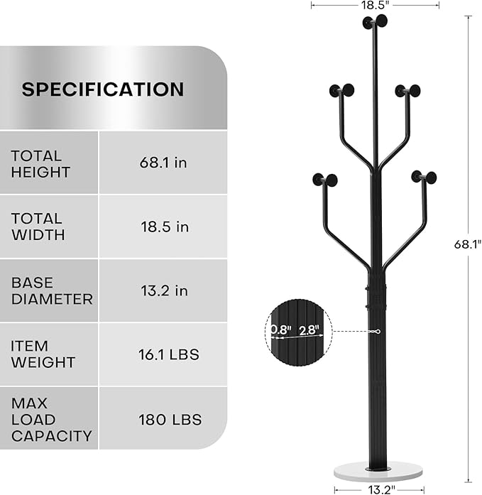Coat Rack Freestanding with 10 Hooks, Metal Coat Rack Stand, Heavy Duty Standing Coat Tree with White Sturdy Round Base for Clothes, Hat, Jacket/Entryway, Hallway, Bedroom, Black