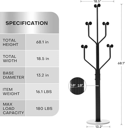 Coat Rack Freestanding with 10 Hooks, Metal Coat Rack Stand, Heavy Duty Standing Coat Tree with White Sturdy Round Base for Clothes, Hat, Jacket/Entryway, Hallway, Bedroom, Black
