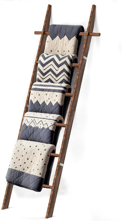 Farmhouse Wooden Blanket Ladder with Removable Hooks, 6-Tier Rustic Blanket Rack Decorative Stand, Leaning Towel Quilt Rack Holder for Bathroom Living Room Decor Brown