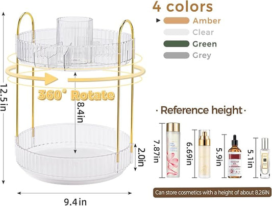 360° Rotating Makeup Organizer, Upgraded 2 Tier Skincare Perfume Organizers for Women, Bathroom Organizer Countertop, Clear Cosmetic Dresser Organizer with Makeup Brush Holder, Sink&Counte (Clear)
