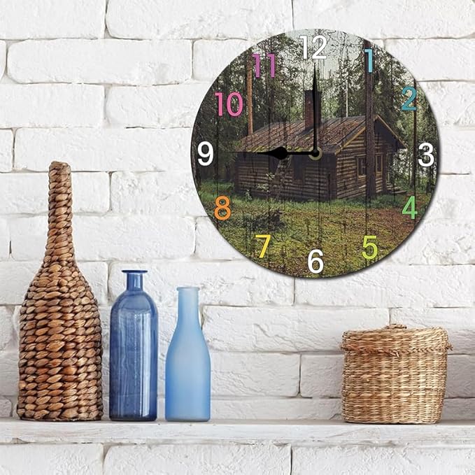 Forest Wooden House Wall Clock 10 Inch Wooden Battery Operated Autumn Forest Maple Leaves Wall Clocks Decorative Indoor,Decorative for Kitchen Bathroom Bedroom