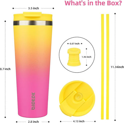 BJPKPK 26oz Stainless Steel Insulated Tumbler With lid And Straw Travel Coffee Thermal Tumblers Cup For Women And Men,Pink Yellow Rose
