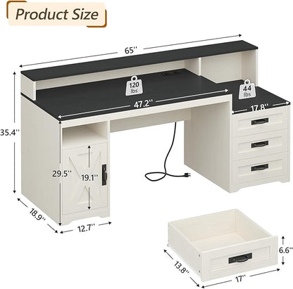 TVU Farmhouse Computer Desk with Drawers, 65'' Home Office Desk with Power Outlets, Storage Cabinet and Printer Stand, Study Writing Desks with Long Monitor Stand, Black and White