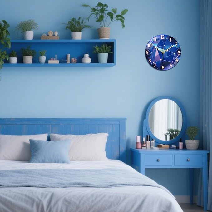 peacoblue Wall Clocks Battery Operated 12 Inch Light Geometric Pattern Glass Round Wall Clock Non Ticking for Kitchen Living Room Dining Room Bedroom and Bathroom Decor (Battery not Included)