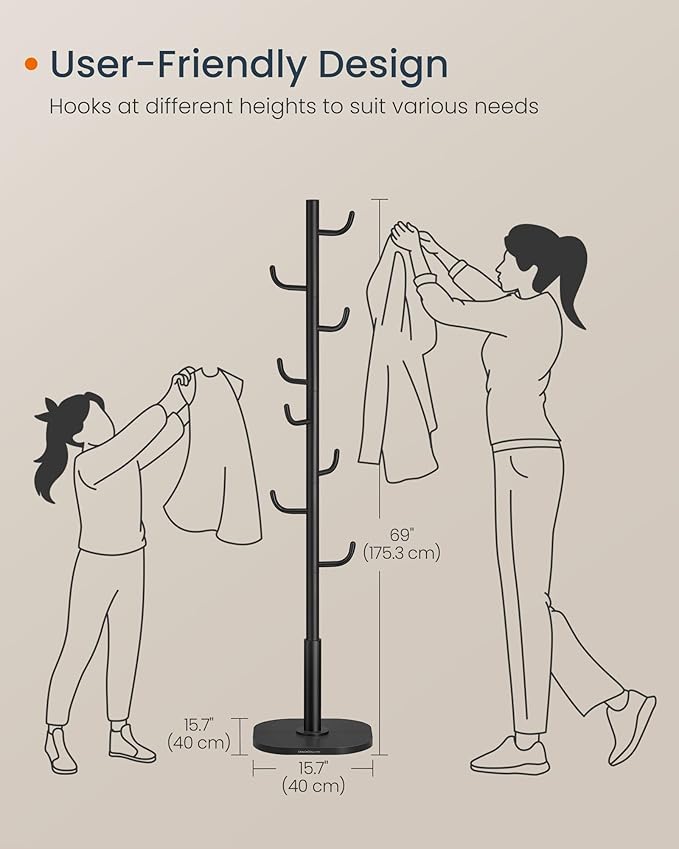 SONGMICS HOME Cactus-Shaped Coat Rack, Freestanding Coat Tree, Coat Hanger Stand with 8 Sturdy Hooks, with Curved Ends, for Clothes, Hats, Bags, Ink Black URCR039B01