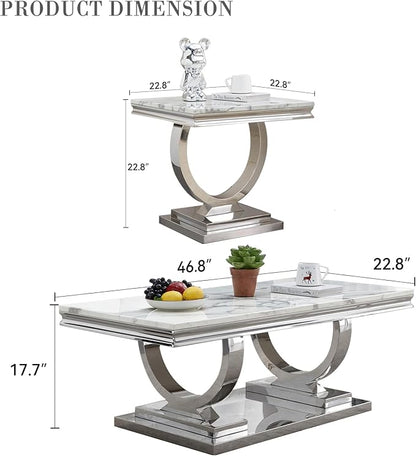 3 Piece Living Room Table Set Include 1 Faux Marble Coffee Table & 2 End Tables, Modern White Silver Coffee Table Set of 3 with Double O Shape Stainless Steel Pedestal Base
