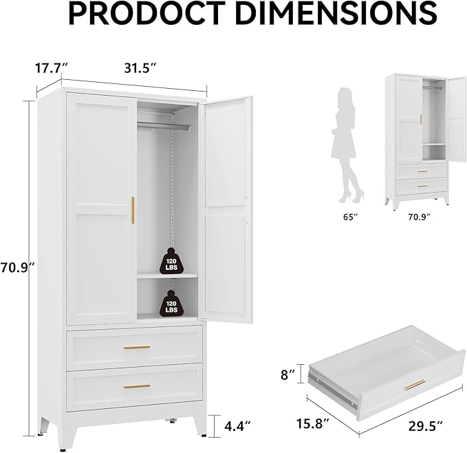 COFaR 71" Metal Wardrobe Closet with 2 Drawers & Hanging Rod, Freestanding Armoire Storage Cabinet with Adjustable Shelf and 2 Doors, White Steel Closet Organizer for Bedroom