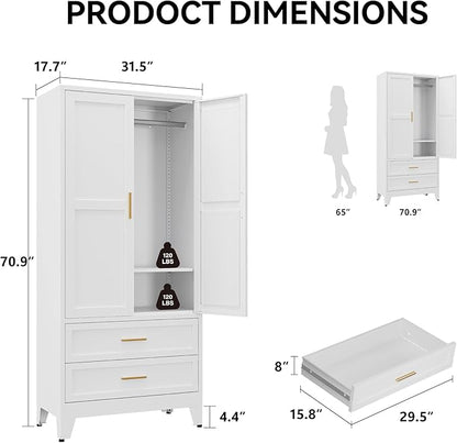 COFaR 71" Metal Wardrobe Closet with 2 Drawers & Hanging Rod, Freestanding Armoire Storage Cabinet with Adjustable Shelf and 2 Doors, White Steel Closet Organizer for Bedroom