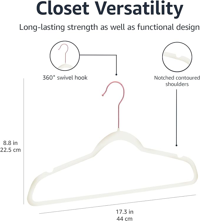 Amazon Basics Slim, Velvet, Non-Slip Suit Clothes Hangers, Ivory/Rose Gold - Pack of 100