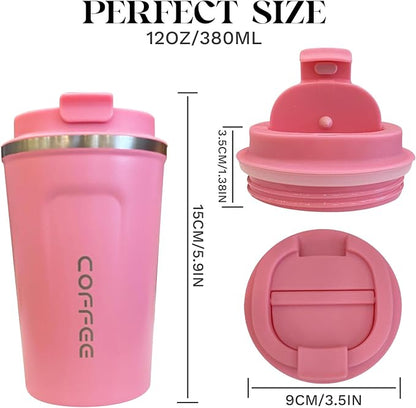YINBAOGE Insulated Travel Coffee Mug, Spill & Leak Proof, Portable To Go Camping Stainless Steel Coffee Tumbler, Reusable Thermal Coffee Cup with Lid for Hot & Cold Drinks (2nd-Pink, 12 OZ)