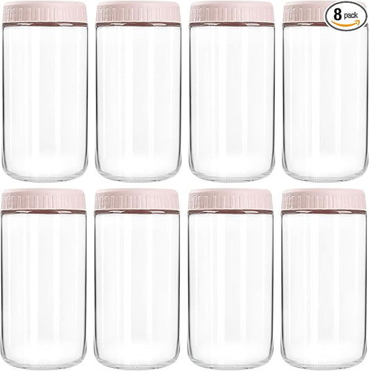 SHOWIN Overnight Oats Containers with Lids, 24oz Glass Jars with Lids 8 pcs, Pink, Wide Mouth Mason jars for Salad, Yogurt, Snacks, Meal Prep