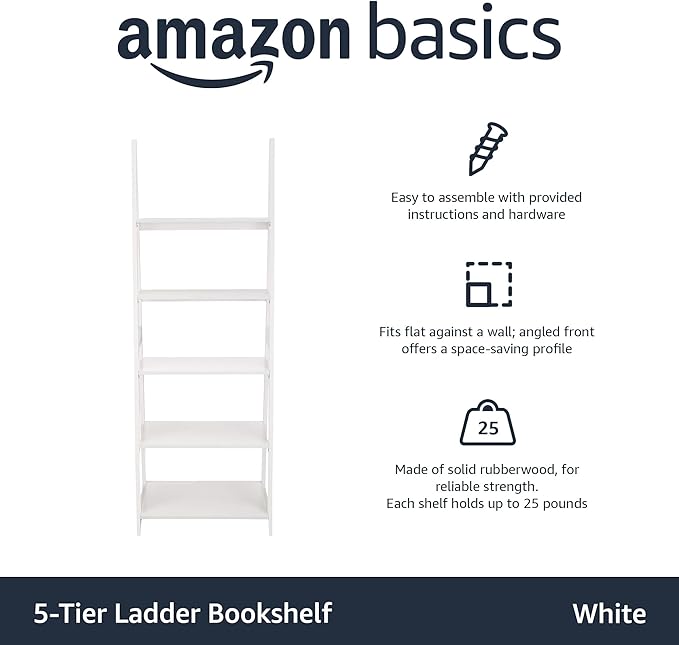 Amazon Basics 5-Tier Ladder Bookshelf Storage Organizer for Small Space, Easy to Assemble, Solid Rubberwood Frame, White Finish, 14D x 24.8W x 70.1H in