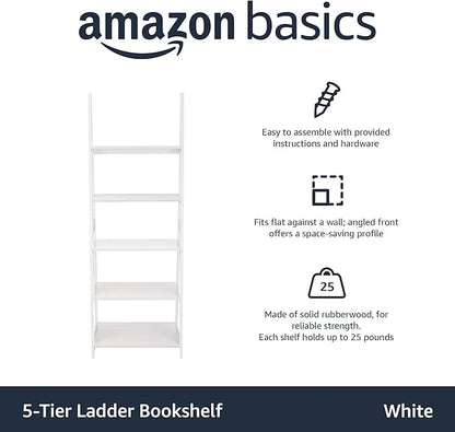 Amazon Basics 5-Tier Ladder Bookshelf Storage Organizer for Small Space, Easy to Assemble, Solid Rubberwood Frame, White Finish, 14D x 24.8W x 70.1H in