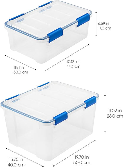IRIS USA WeatherPro 27 & 44 Qt Storage Bins with Lids, 4 Pack, BPA-Free Plastic Gasket Box with Tight Latch and Seal, Stackable Nestable Tote Tub - Clear/Blue