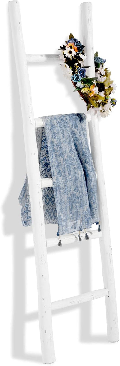 FUIN Fully Assembled 57in Wood Blanket Ladder Living Room Decorative Wall Leaning Farmhouse Quilt Display Holder Rustic Wooden Towel Rack for Bathroom, White