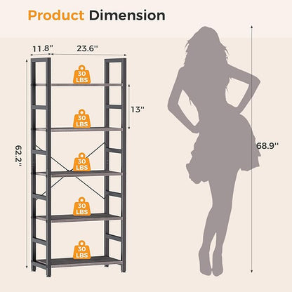 DUMOS 5-Tier Bookshelf, Modern Tall Bookcase, Open Storage Display Shelf for Living Room, Bedroom, Home Office, Narrow Standing Shelving Unit for Books, CDs, Décor，Wood Grey