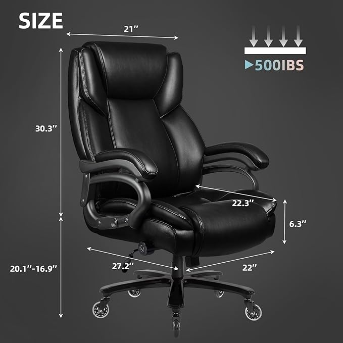 VITESSE 500lbs Heavy Duty Office Chair for Low Back Pain Relief, Big and Tall Office Chair with Ergonomic Lumbar Support, High Back Executive Chair with Quiet Rubber Wheel