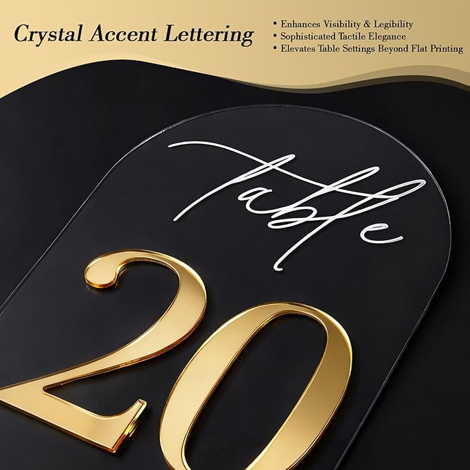 Crystal Clear Acrylic Wedding Table Numbers 1-20 Set, Self-Standing Modern Arched Signs for Reception Seating, Anniversary & Bridal Shower, Elegant Wedding Decor (5x7 Inches)