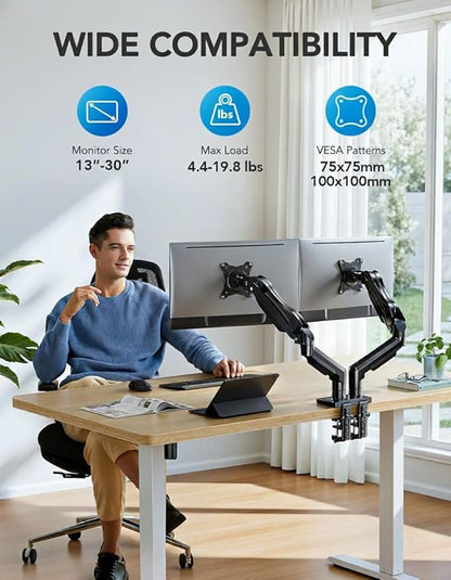 HUANUO FlowLift™ Dual Monitor Stand, Fully Adjustable Gaming Monitor Desk Mount for 13–30″ Computer Screens, Full Motion VESA 75x75/100x100 with C-Clamp & Grommet Base, Each Arm Holds 4.4 to 19.8 lbs