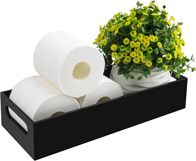 Tasybox Toilet Paper Holder with Storage, Acrylic Toilet Tank Tray, Black Bathroom Trays with Handles Vanity Tray for Home Decor