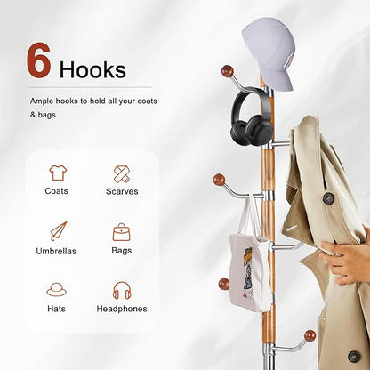 Wooden Coat rack freestanding, Coat racks stand with 6 Hook, Heavy duty coat tree standing Adjustable Heights for Bedroom, Entryway, Hallway, Office, Metal base (Nature)