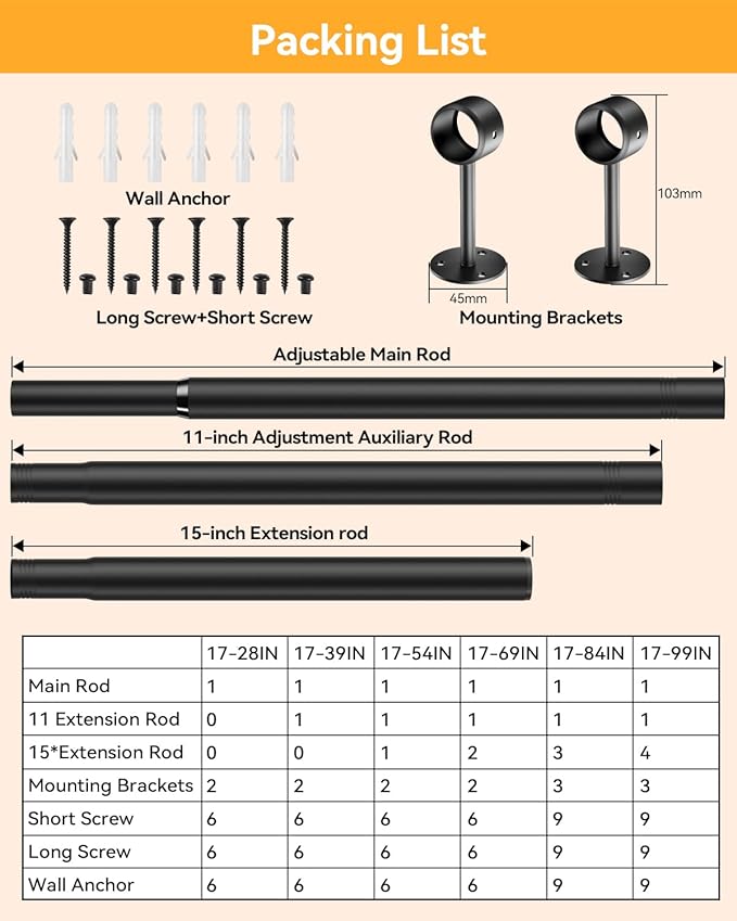 Closet Rods for Hanging Clothes, 17 to 39 Inches Ceiling Mounted Stepless Adjustable Closet Hanging Rod, 1.3 Inch Heavy Duty Hanging Clothes Rod for Closet Wardrobe Laundry RV (Black)