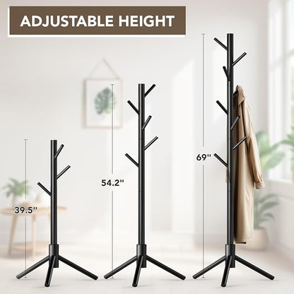 Hupmad Wooden Tree Coat Rack Stand,Sturdy Freestanding Coat Rack with 8 Hooks,3 Adjustable Height for Child Adult,Wood Coat Stand Tree Fits Entryway Bedroom Office for Bags,Hats, 2 Pack