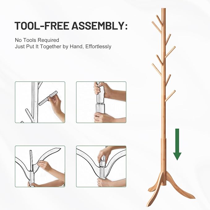 kiplant Coat Rack Freestanding, Bamboo Wood Coat Stand with 8 Hooks,3 Adjustable Size,Easy Assembly NO Tools Required, Coat Tree Hanger Stand for CoatsScarves in Hallway
