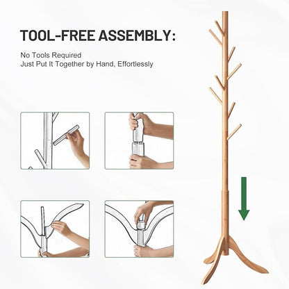 kiplant Coat Rack Freestanding, Bamboo Wood Coat Stand with 8 Hooks,3 Adjustable Size,Easy Assembly NO Tools Required, Coat Tree Hanger Stand for CoatsScarves in Hallway