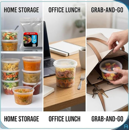Mr Miracle 8OZ Deli Containers with Lids - 24 Pack of 8 oz Clear Airtight Reusable Plastic Food and Multi-Purpose Deli Containers - Microwave, Freezer, and Dishwasher Safe