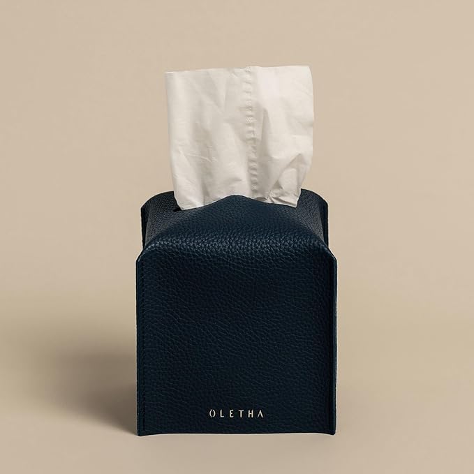 OLETHA Square Tissue Box Cover - Aesthetic Desk Decor for Room, Home & Office - Tissues Cube Boxes Holder - Navy Blue, Set of 2