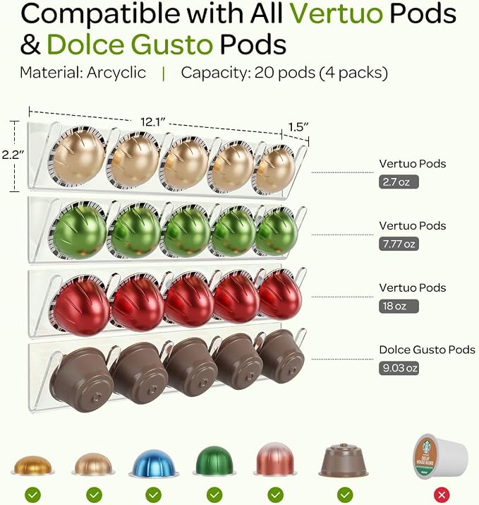 LifeMoreasy Magnetic Coffee Pods Holder for Nespresso Vertuo & Dolce Gusto, Self-Adhesive Wall Mounted Capsule Organizer for Kitchen Cabinet Fridge(4 Packs for 20 Pods) (Clear)