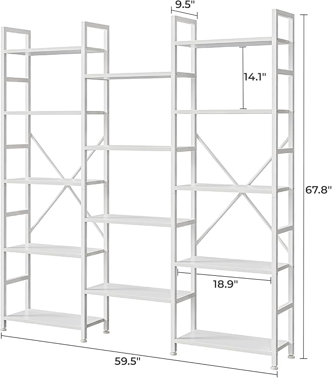 SUPERJARE Triple Bookshelf, Bookcase with 11 Open Display Shelves, Wide Book Shelf Book Case for Home & Office, 5 Tier, White