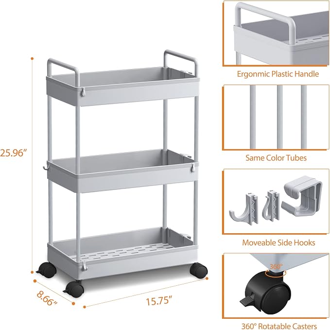 Ronlap 3 Tier Slim Rolling Storage Cart with Wheels Plastic Utility Cart Organizer for Snack Craft Art Postpartum Baby Diaper Nail Makeup in Bathroom Laundry Room Kitchen Bedside Narrow Space, Grey