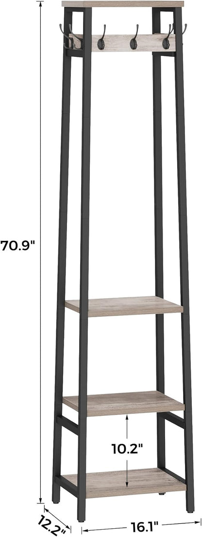 Coat Rack Freestanding, Coat Stand with 3 Shelves and 7 Hooks, Hall Tree Free Standing, Clothes Rack Stand Organizer, Industrial Style, Greige and Black
