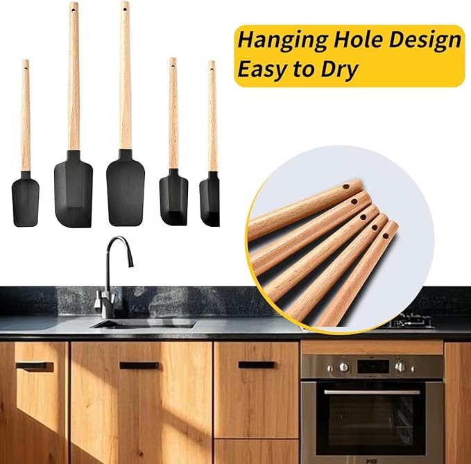 2016 New Year Healthy Cooking, 5 Pieces Silicone Scraper Set - Non-Stick Kitchen Scraper Tools, Heat Resistant up to 600°F, Food Grade Baking Utensils, for Cooking, Stirring, Piping - Black