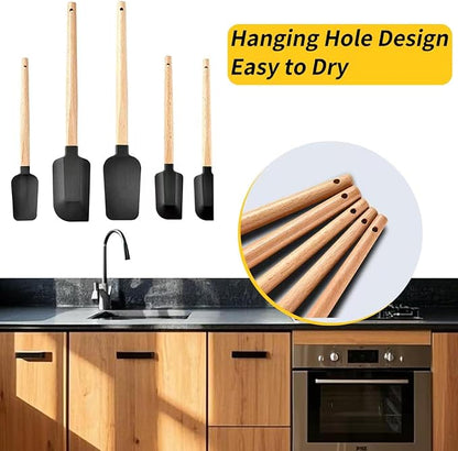 2016 New Year Healthy Cooking, 5 Pieces Silicone Scraper Set - Non-Stick Kitchen Scraper Tools, Heat Resistant up to 600°F, Food Grade Baking Utensils, for Cooking, Stirring, Piping - Black