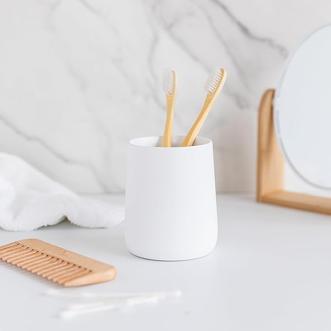 Yew Design Matte White Toothbrush and Toothpaste Holder and Cup for Bathroom Vanity and Countertop, Round Organizer for Electric Toothbrushes, Floss, Razors, Cotton, and Mouthwash