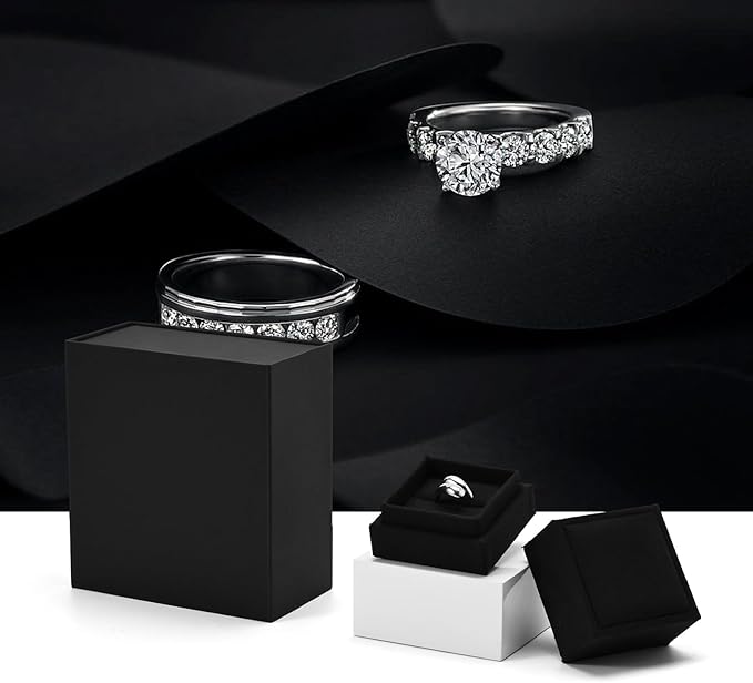 Oirlv Velvet Ring Gift Box with Exquisite Outer Packaging, Wedding Proposal Engagement Ring Box, Birthday Present Gift Box with Blank Greeting Card（Black）