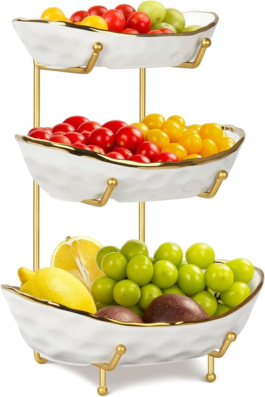OdoVow 3 Tier Fruit Bowl for Kitchen Counter - Ceramic Fruit Rack, Fruit Basket for Fresh Fruit&Veggies, Tiered Fruit Platter Serving Trays for Party