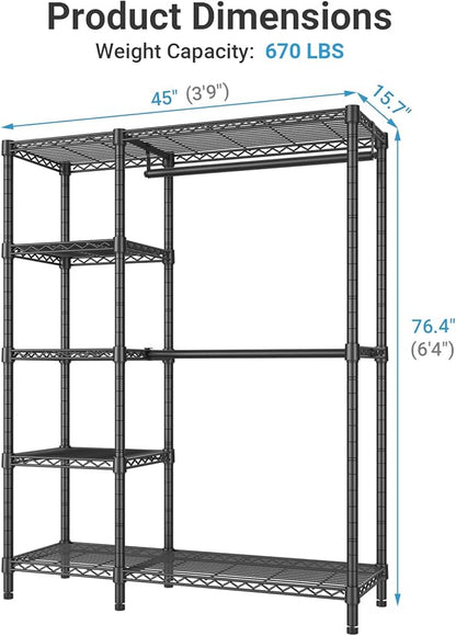 VIPEK V7C Garment Racks with Cover Portable Closets for Hanging Clothes, Heavy Duty Clothes Rack with Shelves Metal Closet Wardrobe, Max 670lbs, Black Rack with Black Upgraded Polyester Cover