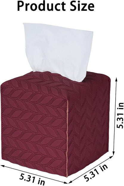 Tissue Box Cover 2-Pack, Square Tissue Holder with Bottom Belt, Modern Tissue Case Facial Paper Organizer Dispenser for Bathroom, Office, Home, Table, Car, Leaf Pattern Red