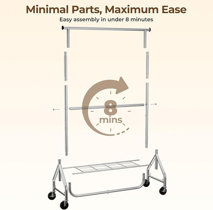 Heavy Duty Clothes Rack, Double Rod Clothing Rack for Hanging Clothes, Rolling Garment Rack, Adjustable Freestanding Wardrobe Closet Coat Rack for Bedroom Laundry Living Room, Silver