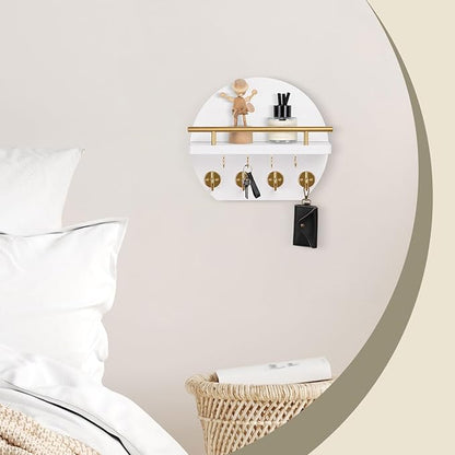 Nekon Key Holder for Wall - 9.8 Inch Apartment Wall Decor with Shelf and 8 Key Hooks, Circular Wood Key Hanger for Home Decor (White with Golden Hooks)