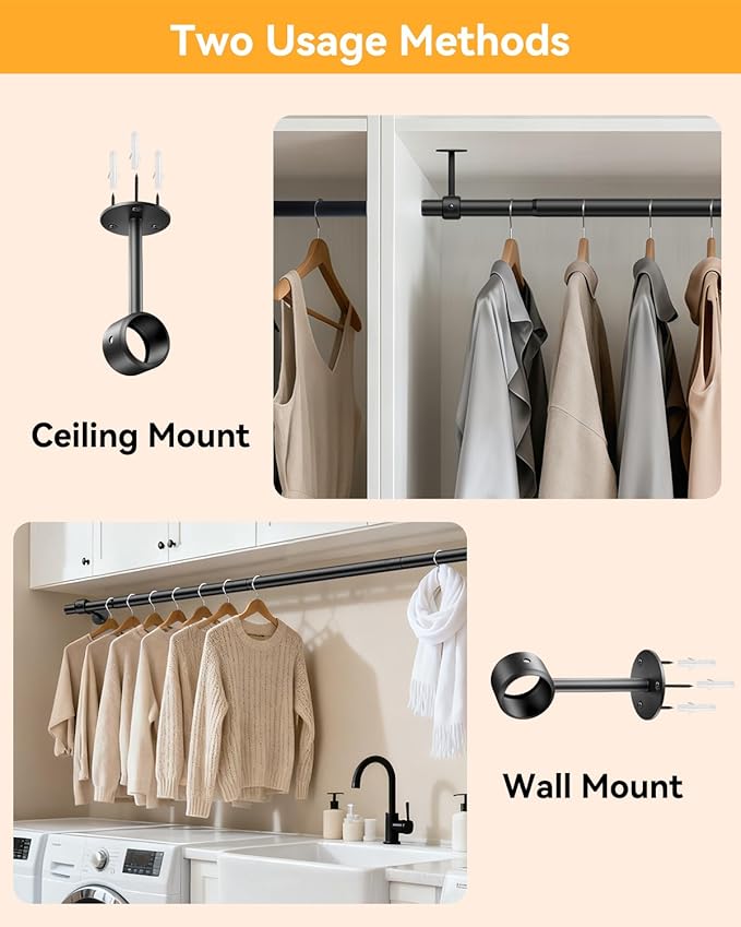Closet Rods for Hanging Clothes, 17 to 84 Inches Ceiling/Wall Mounted Stepless Adjustable Closet Hanging Rod, 1.3 Inch Heavy Duty Hanging Clothes Rod for Closet Wardrobe Laundry RV (Black)