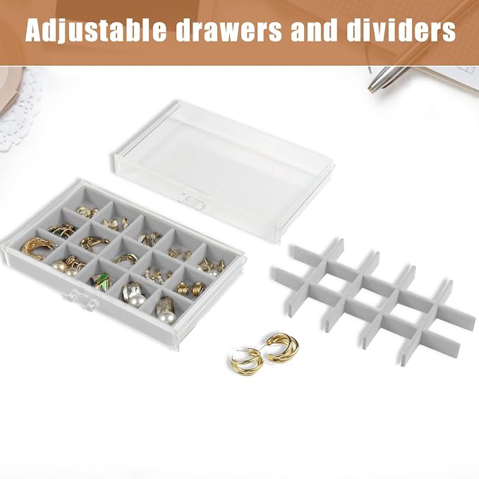 5 Drawers Clear Jewelry Box for Women and Girls, Acrylic Earring Holder Organizer Ring Holder Display Storage, Gray