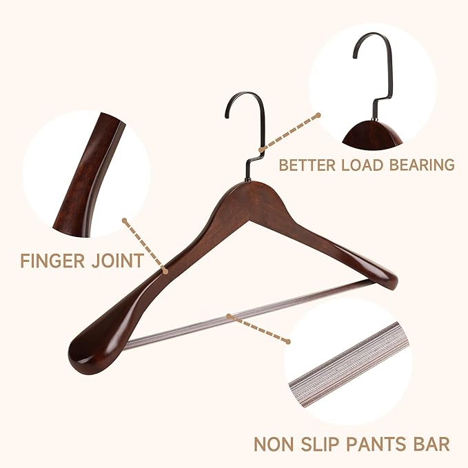 17.5" Wooden Suit Hangers with Non Slip Pants Bar, 6-Pack Wood Extra-Wide Shoulder Hangers with Flat-Head Hook for Suits, Coats, Jackets, Shirts, Pants, Heavy Clothes (Walnut)