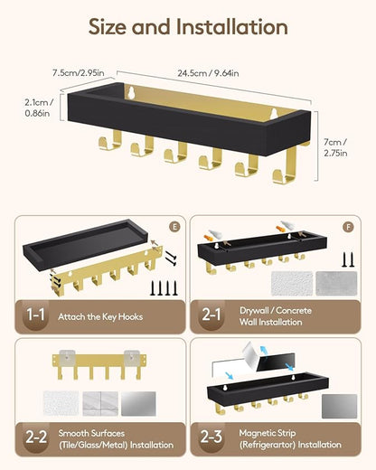 Key Holder Wall Mount Adhesive Magnetic - Hanging Key Hooks with Tray for Wallet House Accessories - Keys Hanger Rack with Shelf for Camper Entryway Door Home Living Room Decor Black Gold