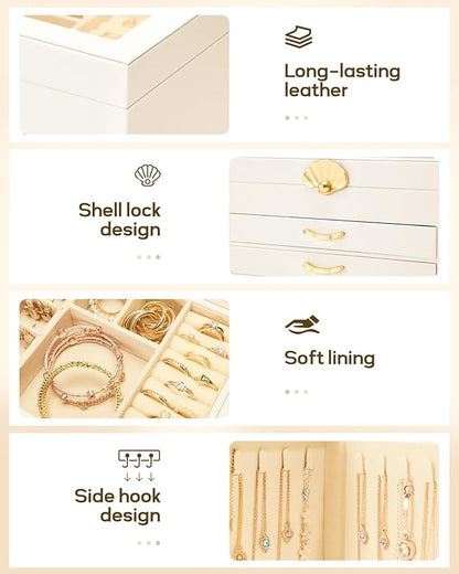 Jewelry Box with 3 Drawers: Display Organizer for Earrings Necklaces - Gift for Girls Women (White)